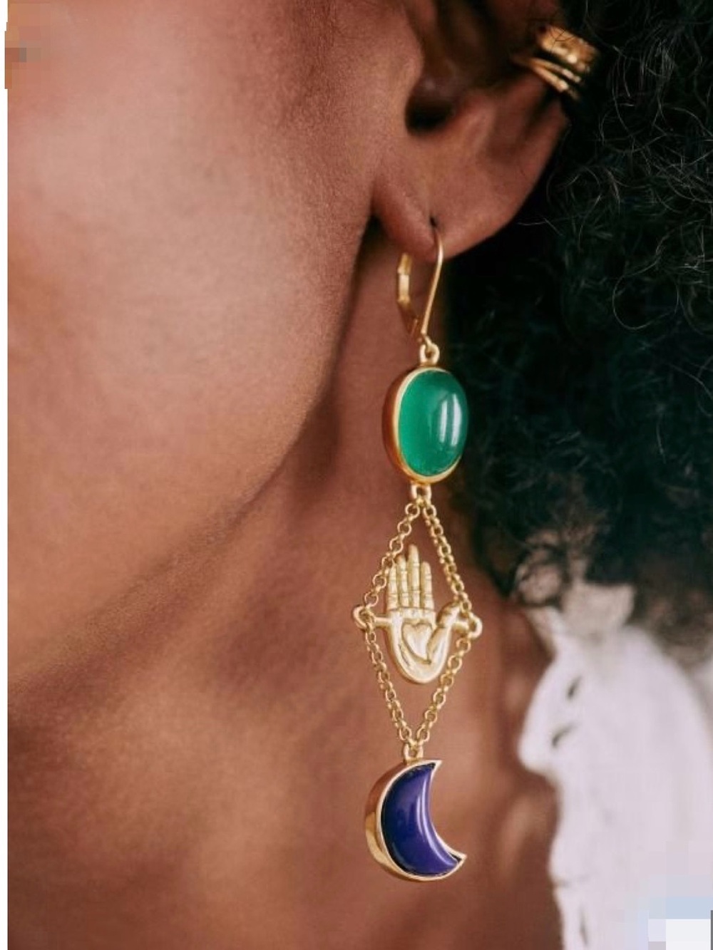 🍃Sezane Gold Tara Earrings with Green Stone and Blue Crescent - NWOT